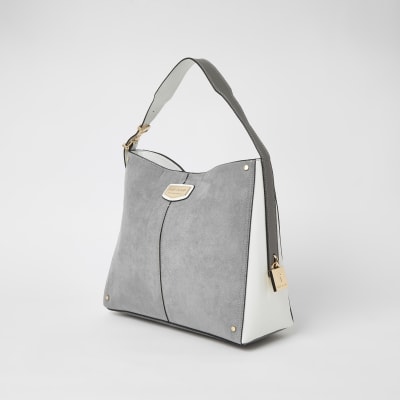 Grey suedette padlock side slouch bag