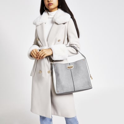 Grey suedette padlock side slouch bag