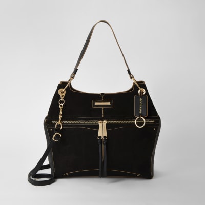 Black zip front utility slouch bag