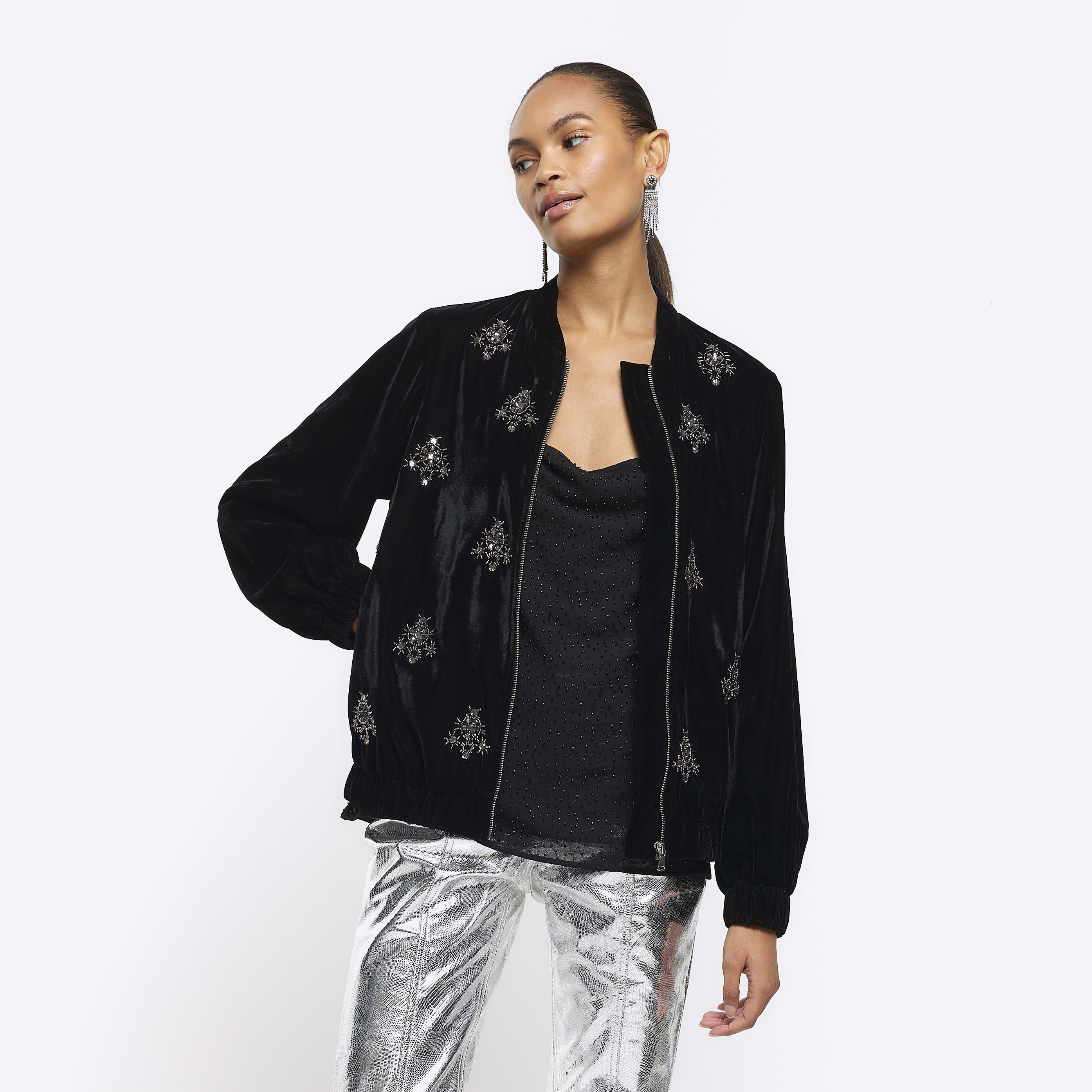 River Island Womens Black Velvet Embellished Bomber Jacket