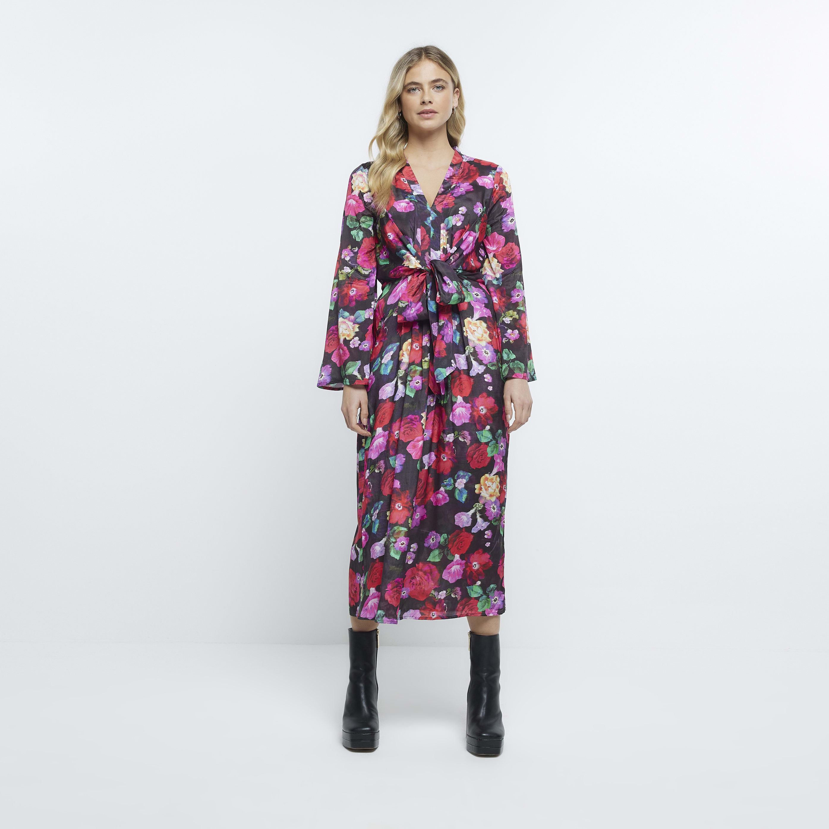 River Island Womens Black Floral Long Sleeve Midi Dress