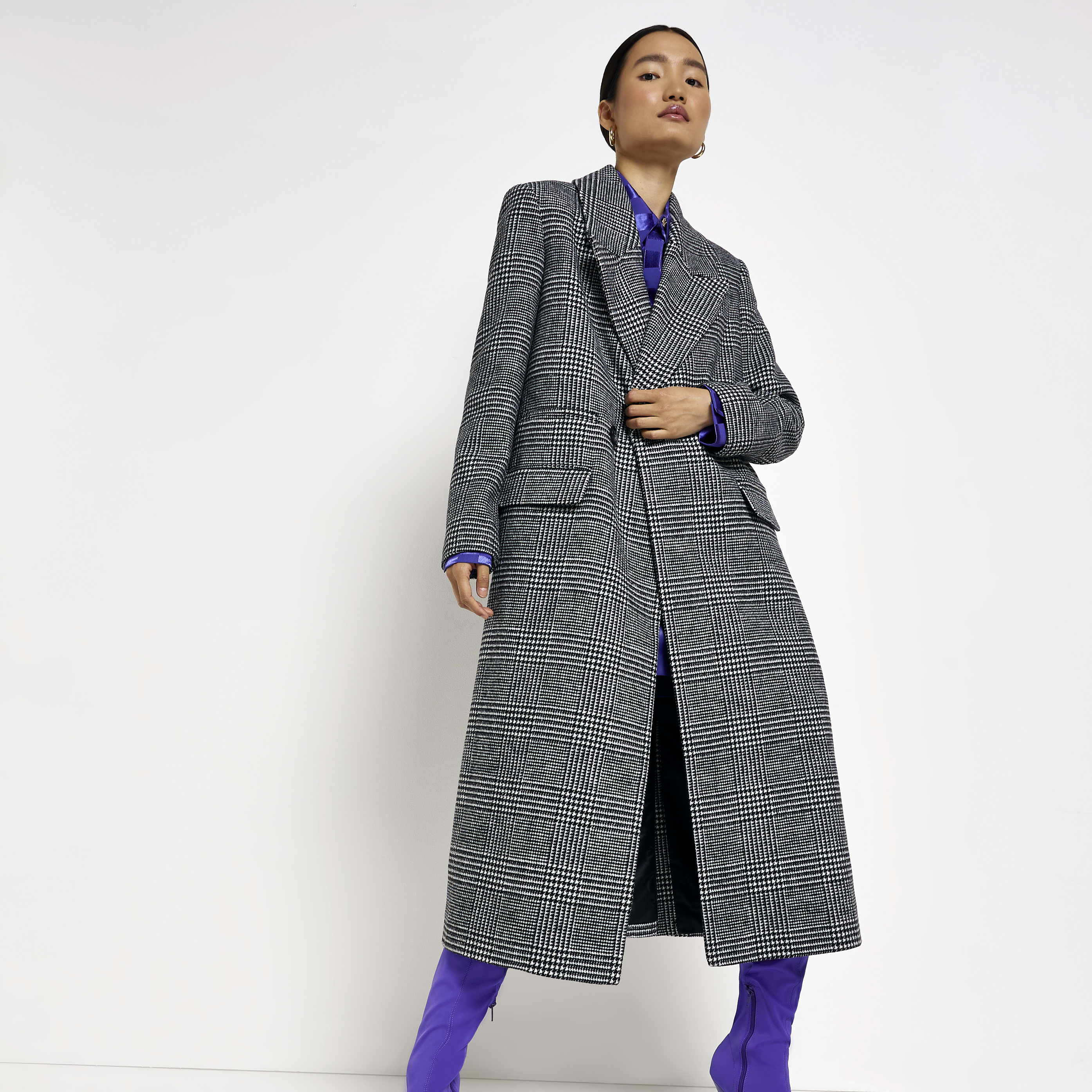 River Island Womens Black check straight longline coat
