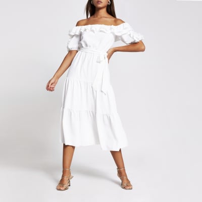 white bardot frill midi dress
