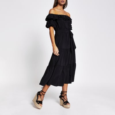 bardot frill midi dress