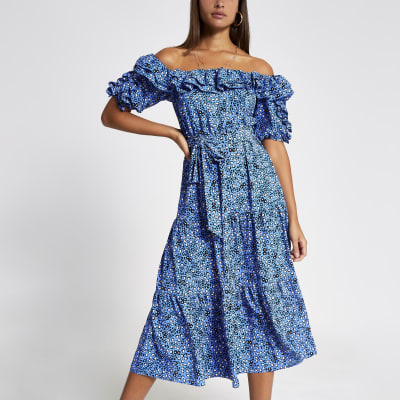 Blue floral bardot frill midi dress