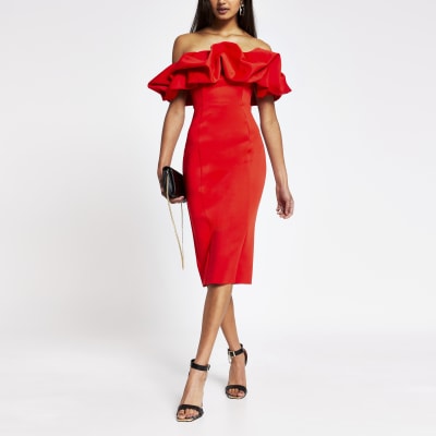 red bardot ruffle dress