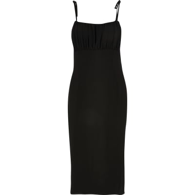 Black ruched bodice midi slip dress