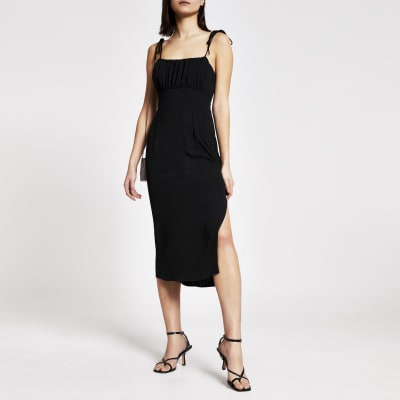 Black ruched bodice midi slip dress