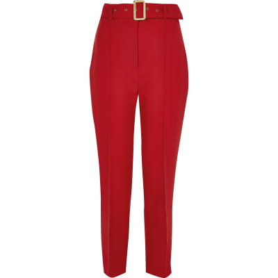 Red belted high rise peg trousers