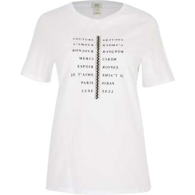 White printed diamante boyfriend fit T-shirt