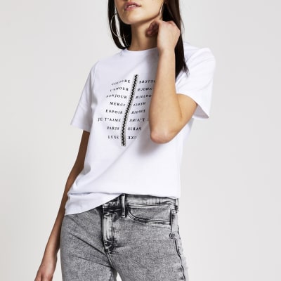 White printed diamante boyfriend fit T-shirt