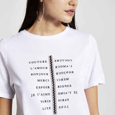 White printed diamante boyfriend fit T-shirt