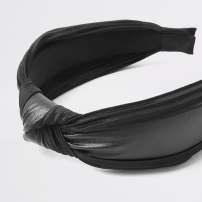 Black faux leather and plisse knot headband