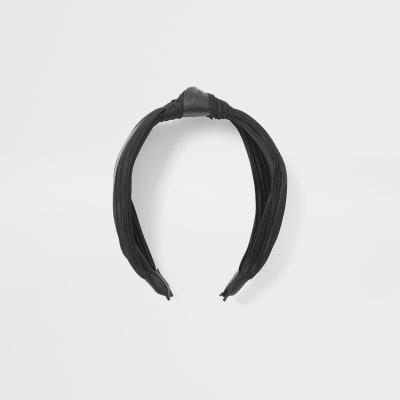 Black faux leather and plisse knot headband