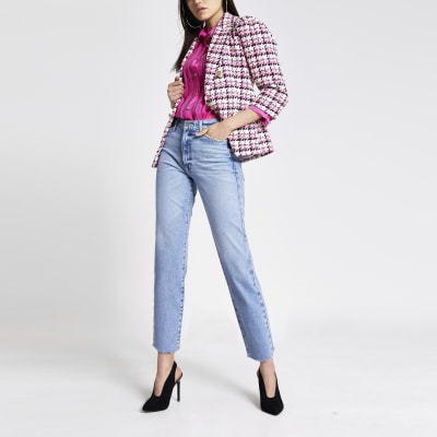 Pink check boucle puff sleeve blazer