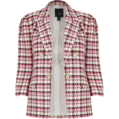 Pink check boucle puff sleeve blazer