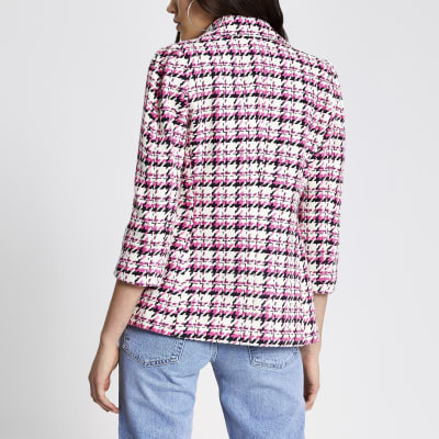 Pink check boucle puff sleeve blazer