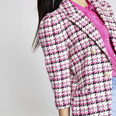 Pink check boucle puff sleeve blazer