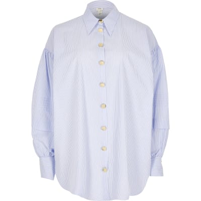 Blue stripe puff frill sleeve longline shirt