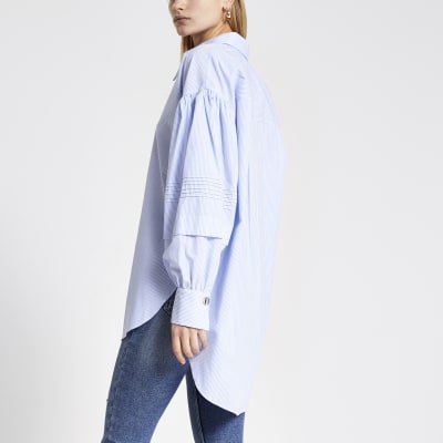 Blue stripe puff frill sleeve longline shirt