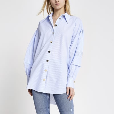 Blue stripe puff frill sleeve longline shirt