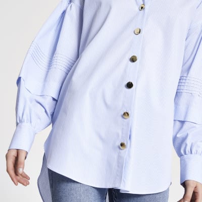 Blue stripe puff frill sleeve longline shirt