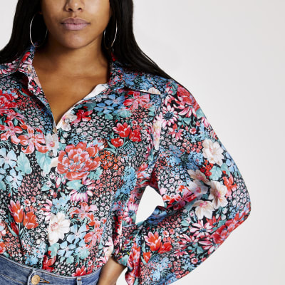 Plus blue floral balloon sleeve shirt