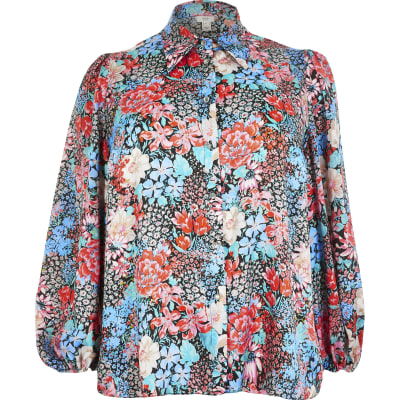 Plus blue floral balloon sleeve shirt