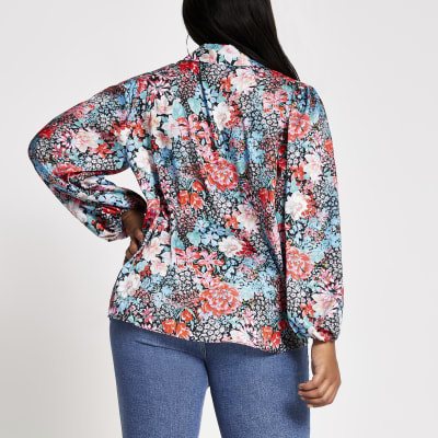 Plus blue floral balloon sleeve shirt