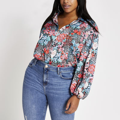 Plus blue floral balloon sleeve shirt