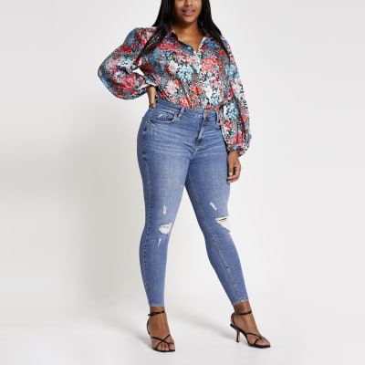 Plus blue floral balloon sleeve shirt