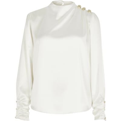 White button shoulder satin blouse