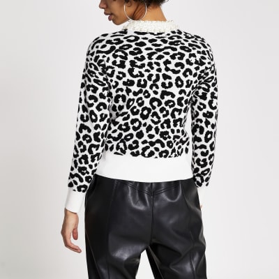 Cream leopard print pearl knitted jumper
