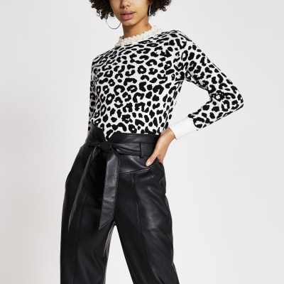 Cream leopard print pearl knitted jumper