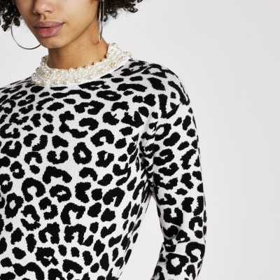 Cream leopard print pearl knitted jumper