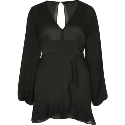 Black balloon sleeve frill wrap playsuit