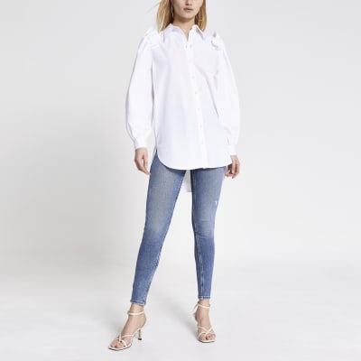 White pearl frill shoulder long sleeve shirt