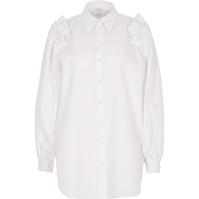 White pearl frill shoulder long sleeve shirt