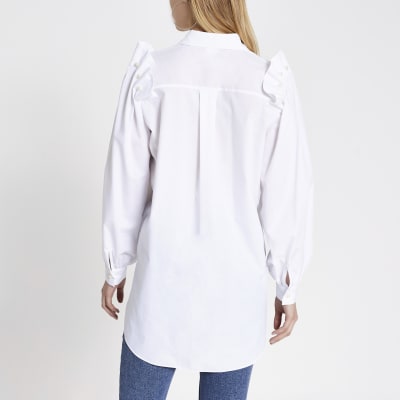 White pearl frill shoulder long sleeve shirt