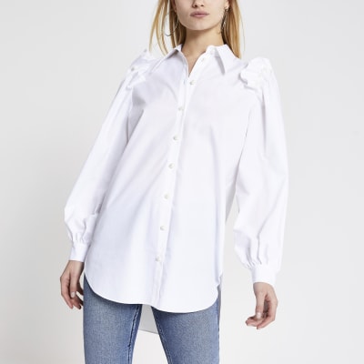 White pearl frill shoulder long sleeve shirt