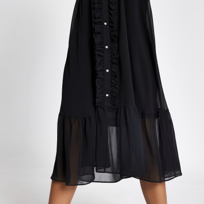 Black frill long sleeve midi smock dress