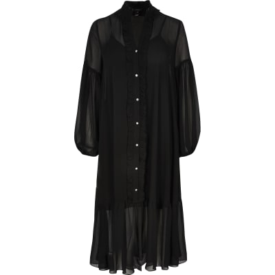Black frill long sleeve midi smock dress
