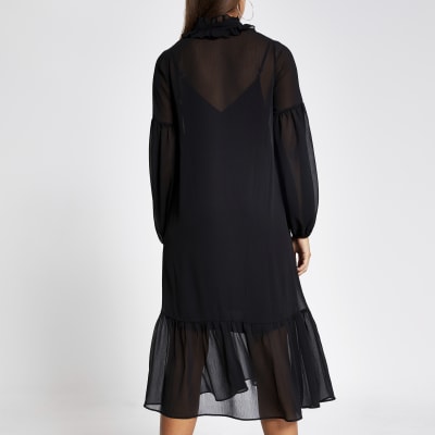 Black frill long sleeve midi smock dress
