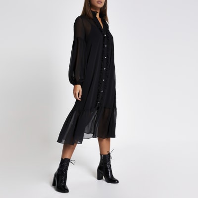 Black frill long sleeve midi smock dress
