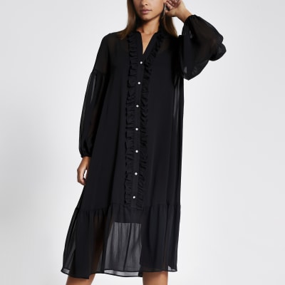 Black frill long sleeve midi smock dress