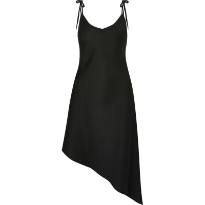 Black asymmetric cami strap midi slip dress
