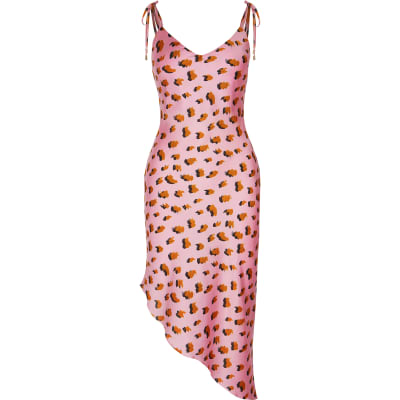 Pink printed asymmetric midi slip dress