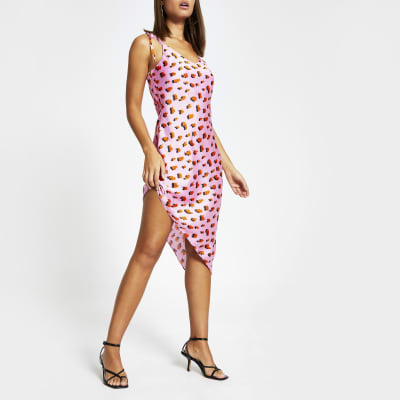 Pink printed asymmetric midi slip dress