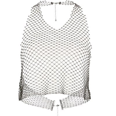 Top harnais en résille noir à strass