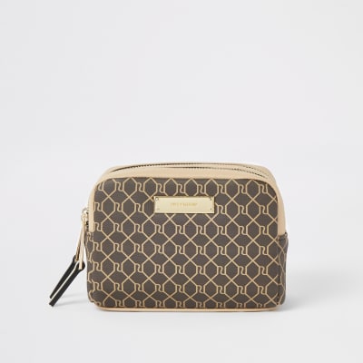 Brown RI monogram double zip top make-up bag